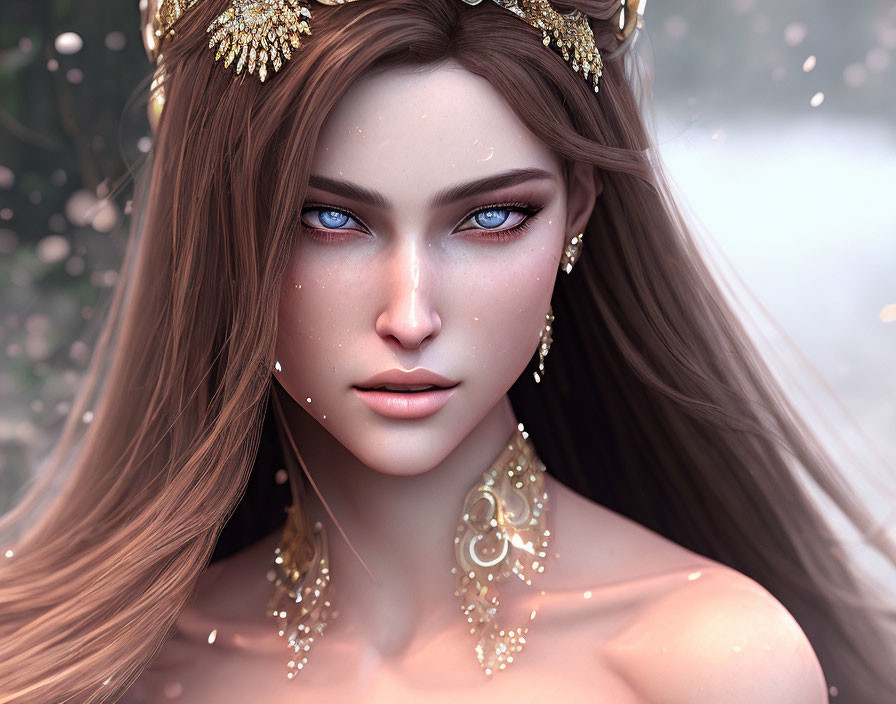 Fantasy female character portrait with blue eyes, brown hair, golden jewelry, and mystical aura.