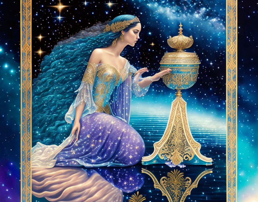 Illustrated woman in starry dress with magical lamp in cosmic backdrop