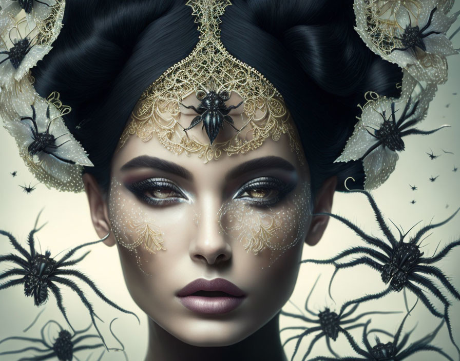 Elaborate Spider-Themed Makeup and Golden Headpiece Woman with Illustrated Spiders