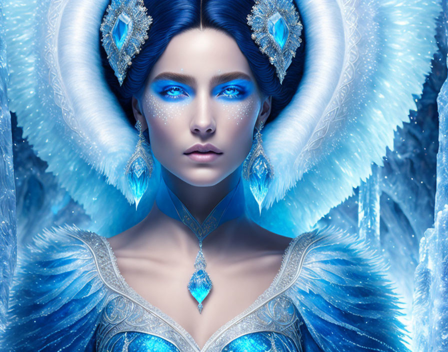 Fantastical female figure with blue crystal-adorned gown and headpiece