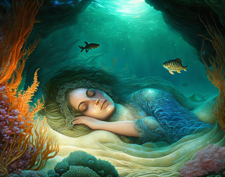 Woman resting underwater surrounded by vibrant coral and fish.