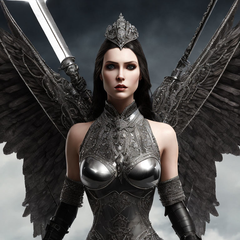 Digital artwork featuring woman with dark hair, crown, metallic armor, and feathered wings.
