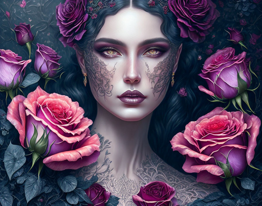 Pale-skinned woman with dark hair and intricate facial tattoos, surrounded by vibrant pink roses.