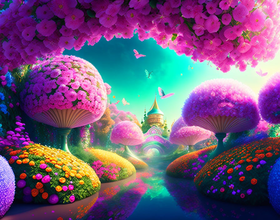 Colorful Mushroom Trees and Castle in Vibrant Fantasy Landscape