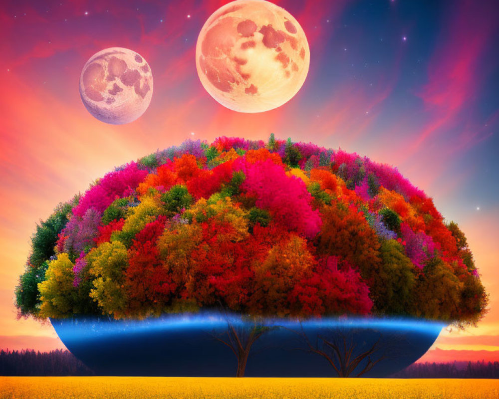Colorful Foliage Sphere Over Yellow Flower Field with Two Moons and Sunset