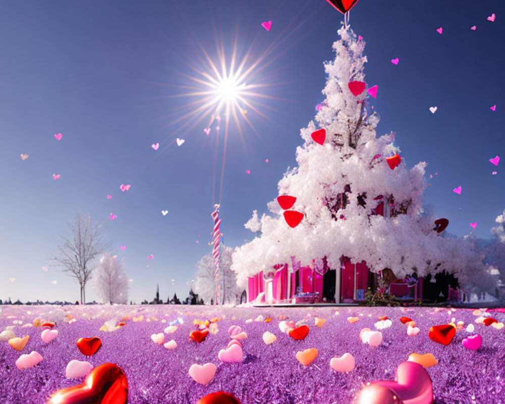 Snow-covered tree in purple grass field with red hearts under bright sun