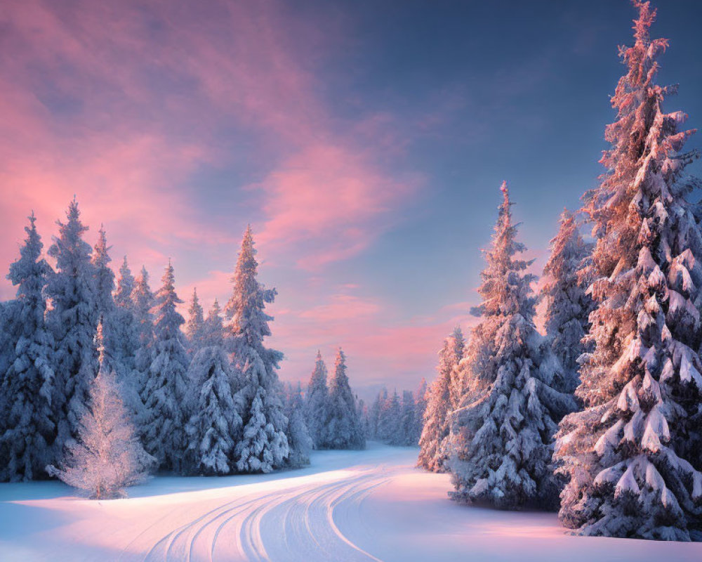 Snow-covered fir trees in twilight winter landscape with pink-hued sky