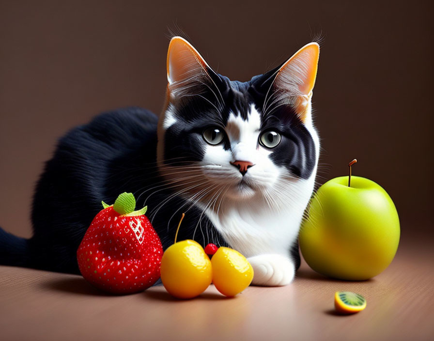 Black and white cat with fruits on tabletop