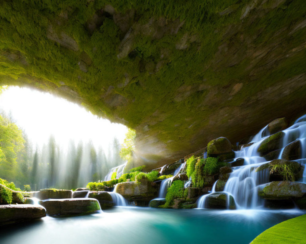 Serene multi-tiered waterfall in cave with sunlight filtering through