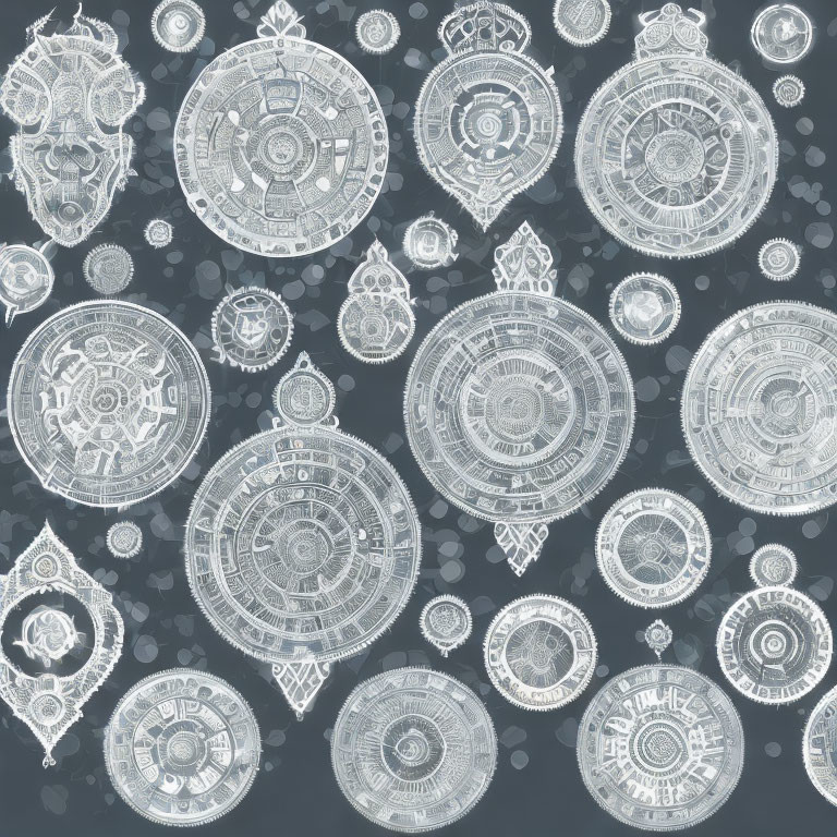 Intricate White Mandalas with Geometric Patterns on Gray Background