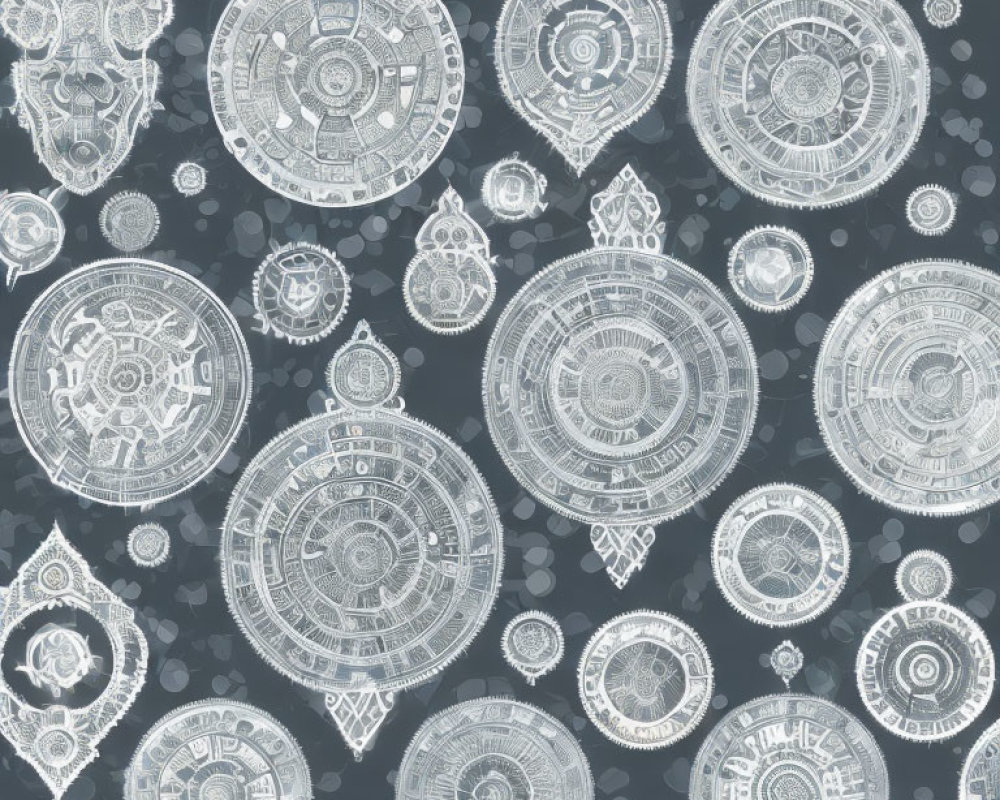 Intricate White Mandalas with Geometric Patterns on Gray Background