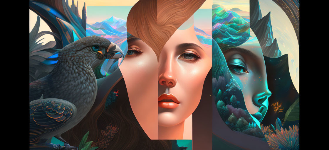 Surreal artwork: Woman's face split into three segments with nature, wildlife, and fantasy themes