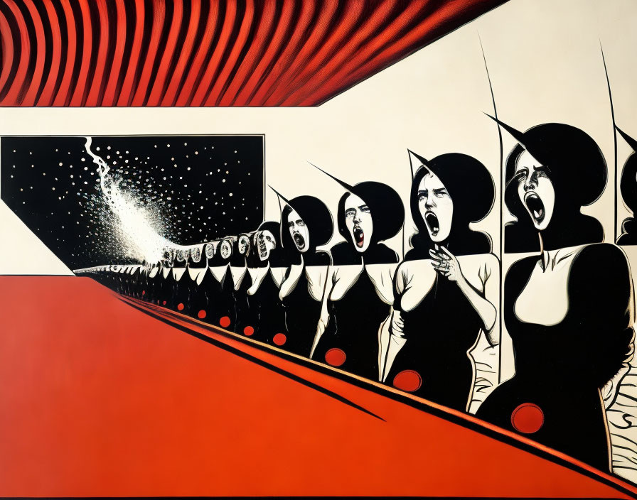 Abstract Artwork: Row of Identical Figures with Open Mouths on Red Background