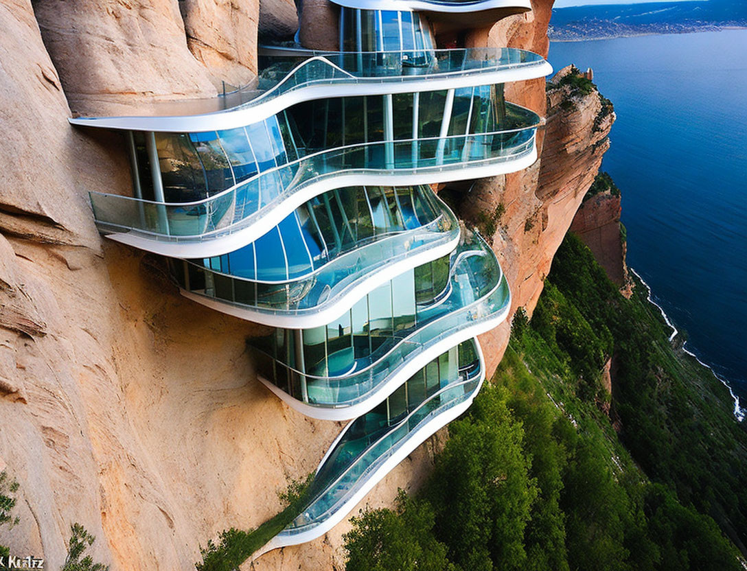 Modern glass building with undulating balconies on cliffside above water