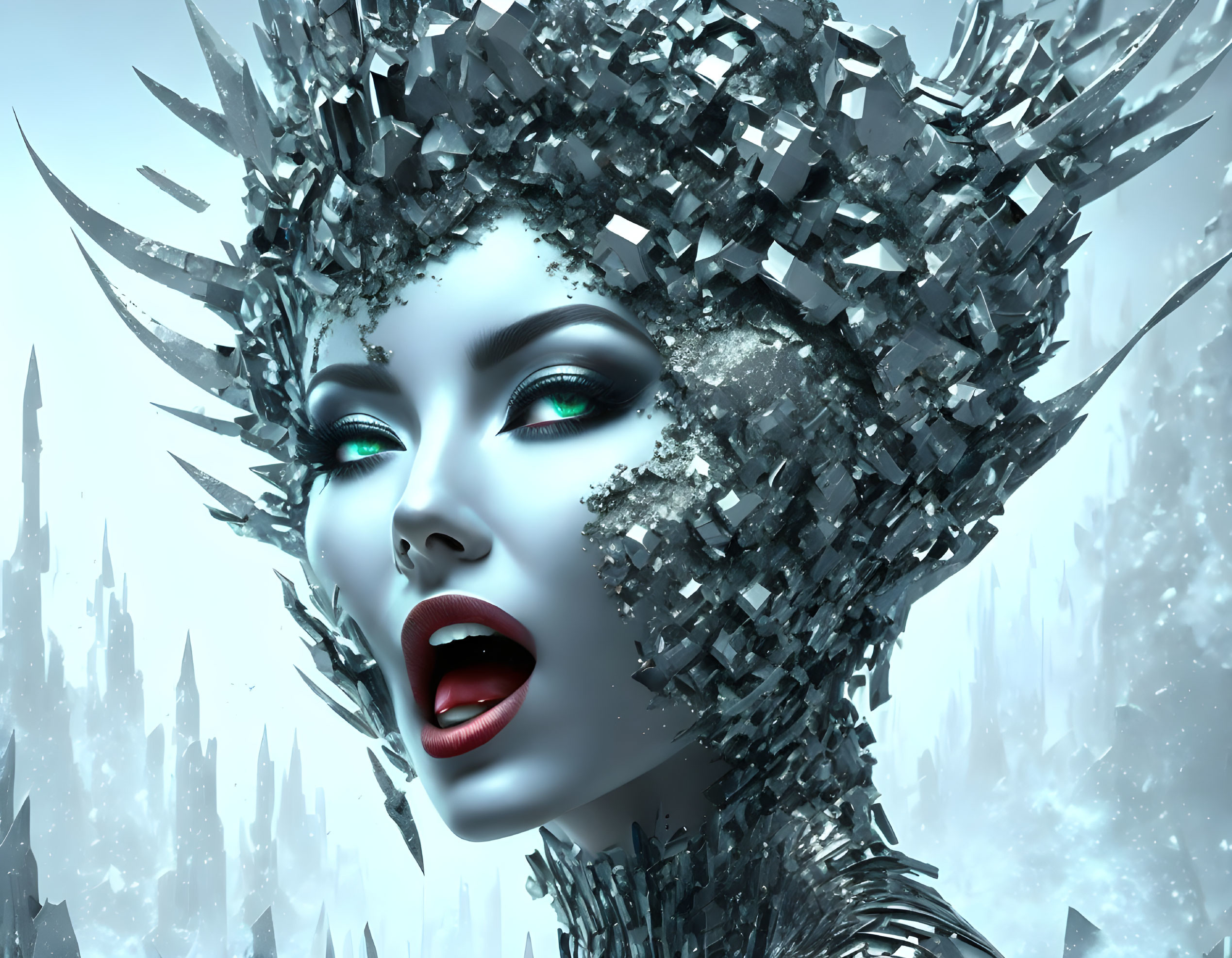 Fantastical figure with shattered glass crown in icy backdrop.