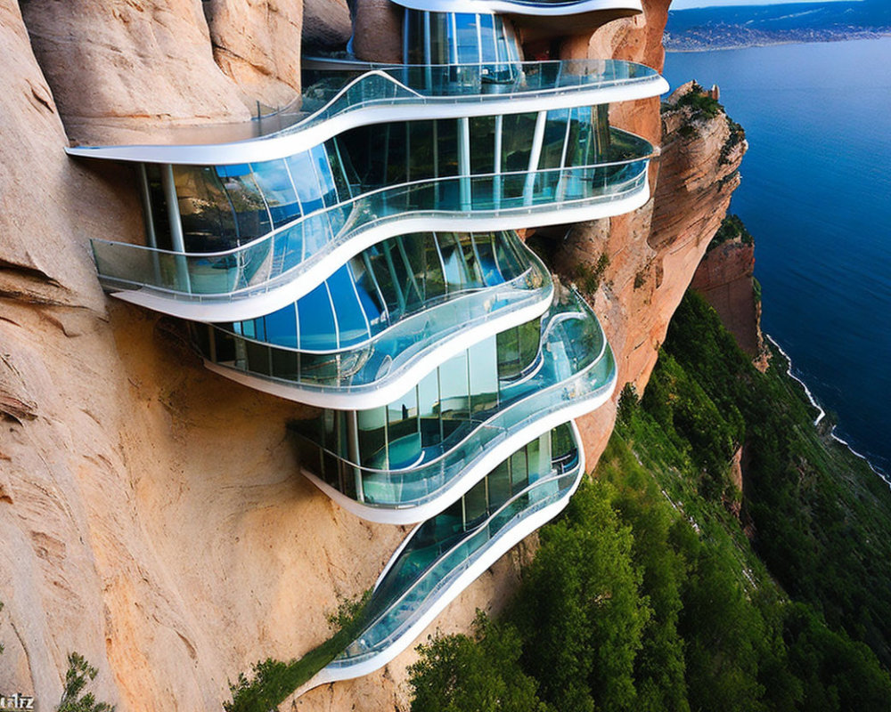 Modern glass building with undulating balconies on cliffside above water