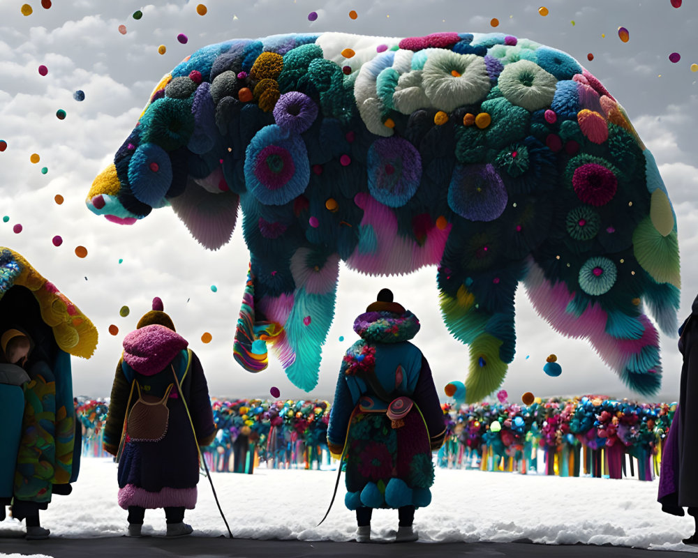 Colorful textile elephant hovers over snowy crowd with floating orbs