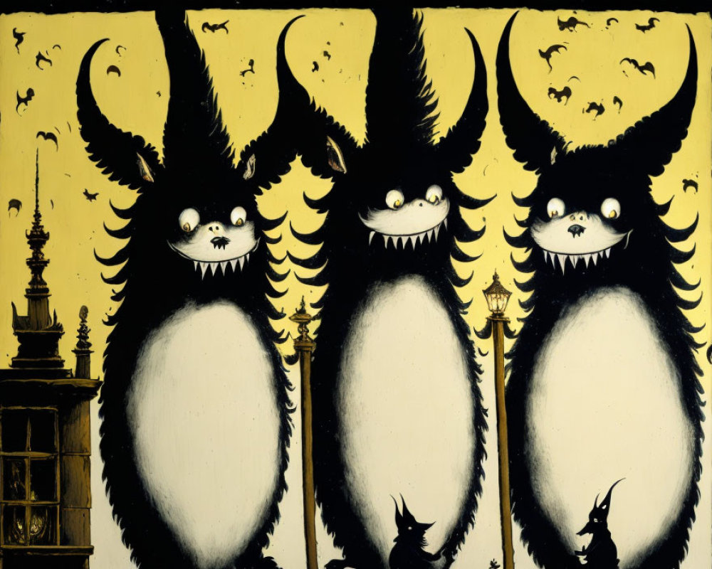 Three stylized black-furred creatures with grinning faces on a yellow backdrop.