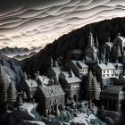 Monochromatic 3D Snowy Mountain Village Scene