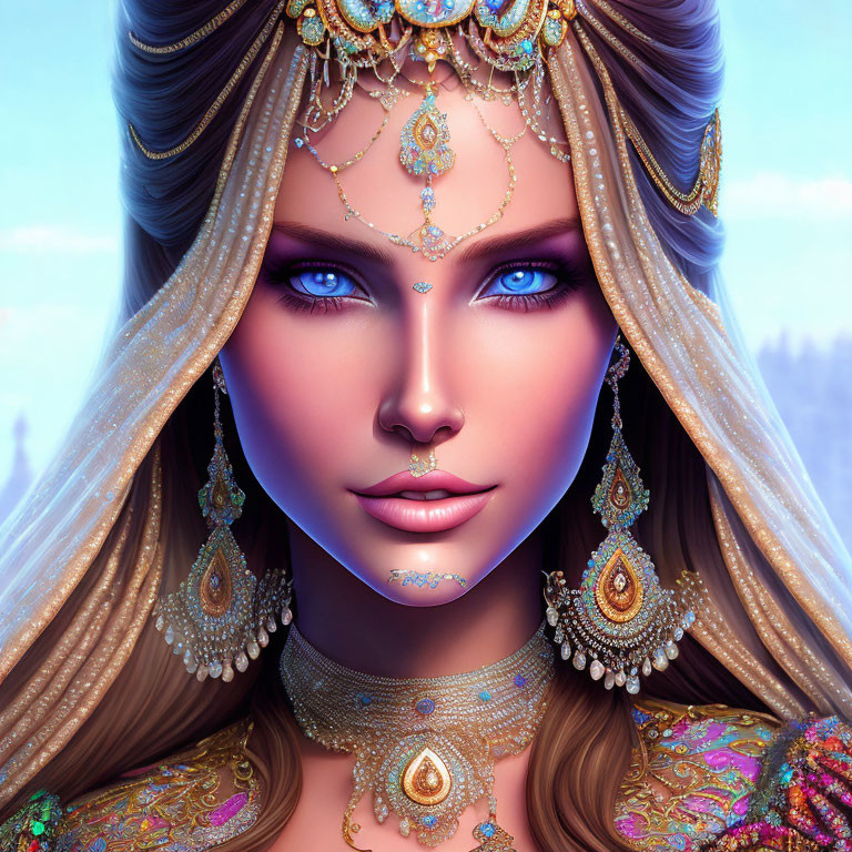Digital artwork: Woman with blue eyes, ornate jewelry, headdress on blue backdrop