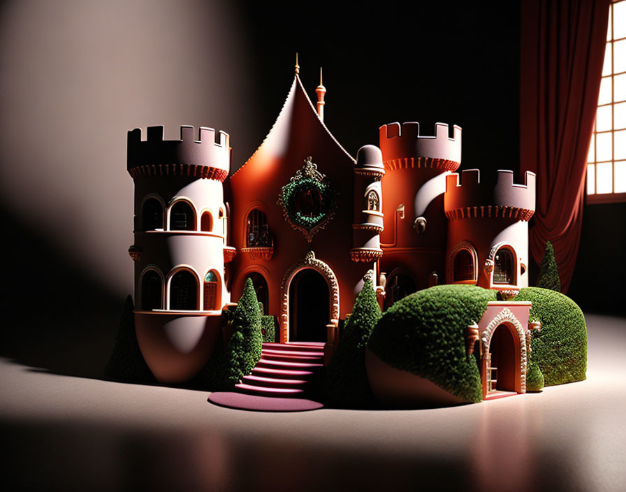Miniature fairy-tale castle with towers and green ivy on moody background