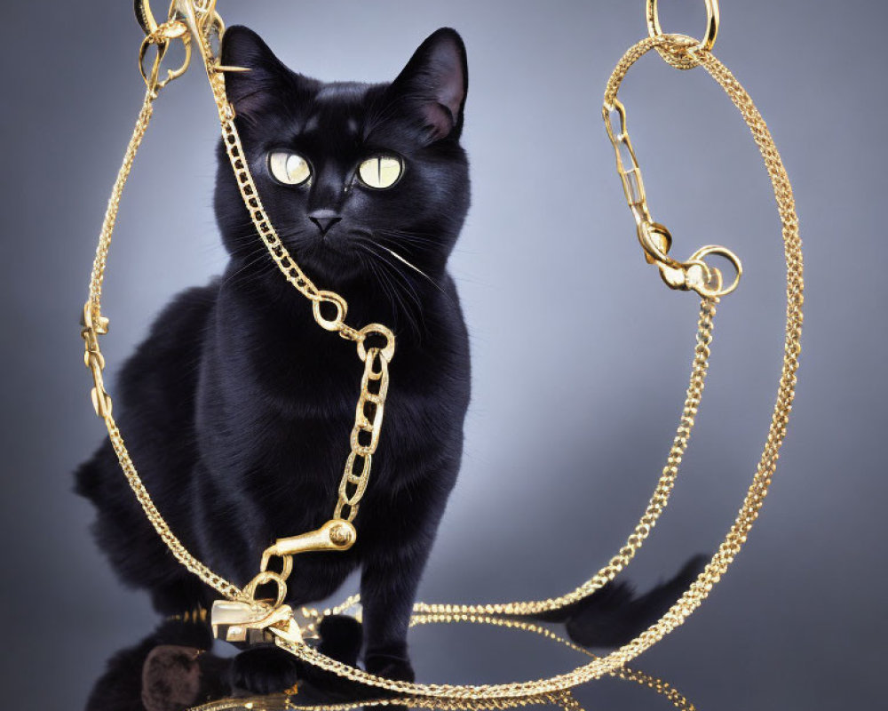 Black Cat with Green Eyes Entwined in Gold Chains on Reflective Surface