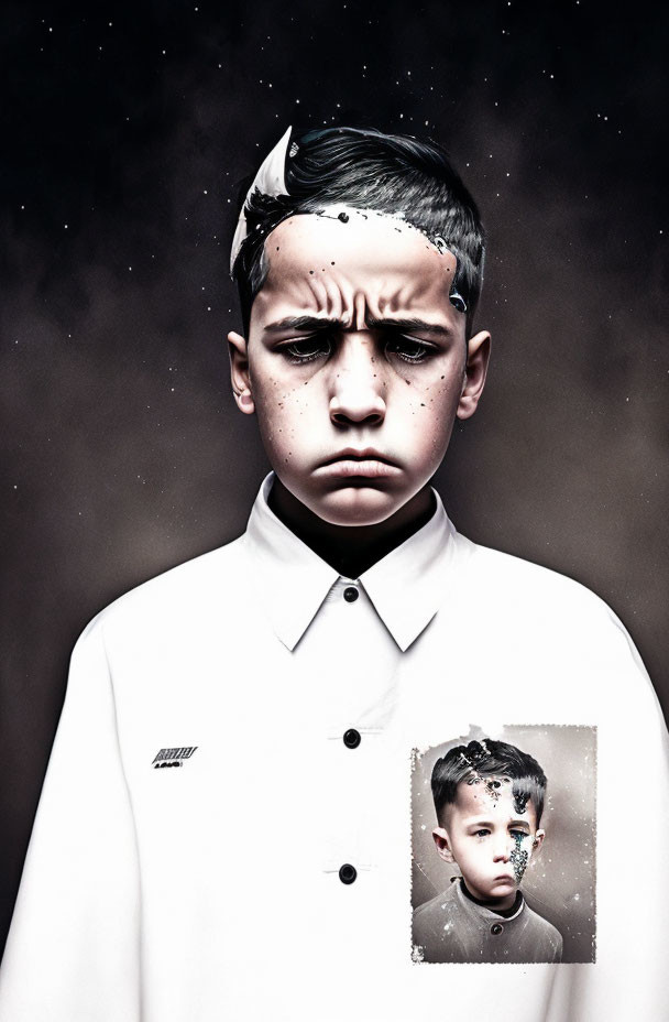 Young boy in white shirt against starry backdrop with surreal face peeling away.