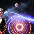 Man in vintage suit with cosmic background & energy beams connecting planets, symbolizing thought or inspiration.