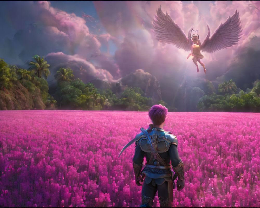 Purple-haired character with sword in pink flower field under dramatic sky with mystical bird-like creature.