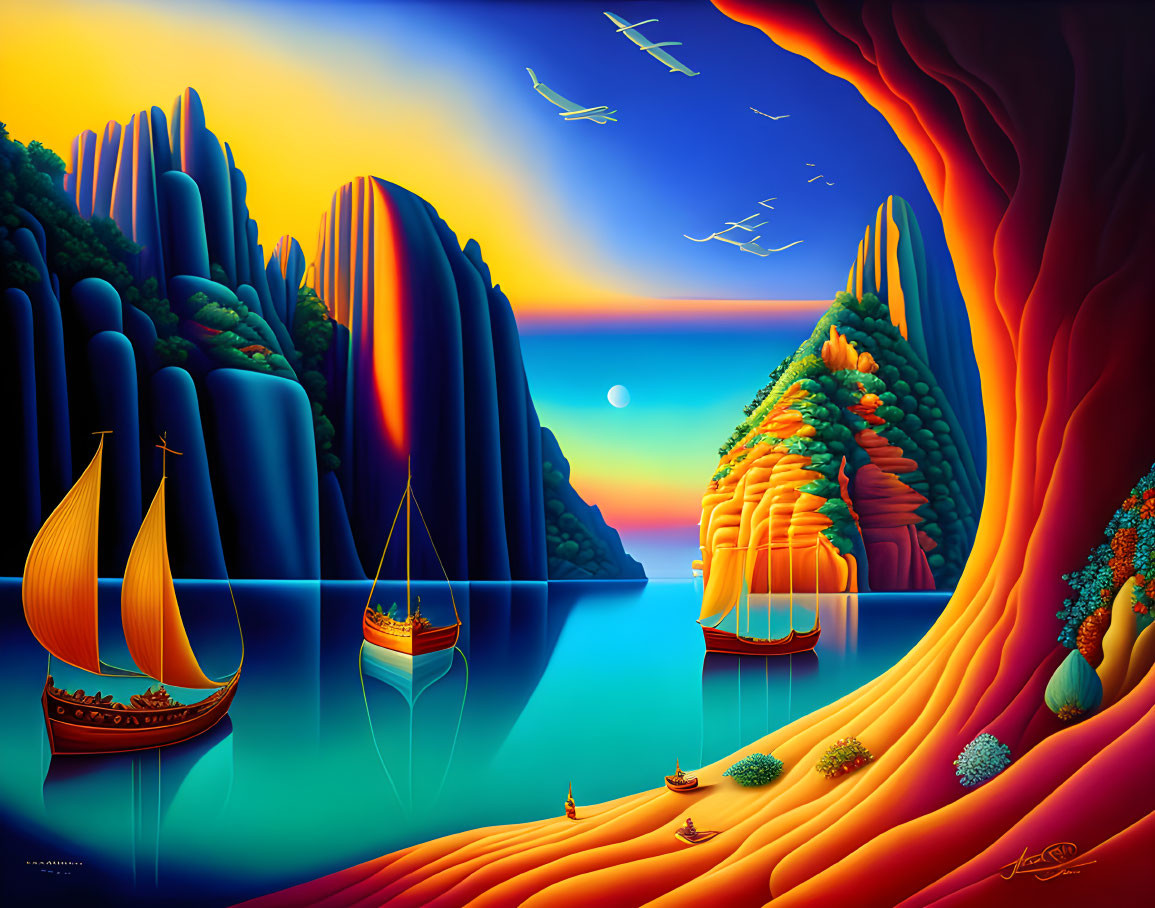 Colorful sunset landscape with sailboats, cliffs, and birds