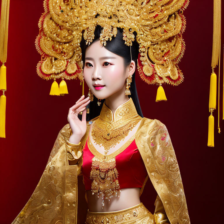 Elaborate golden headdress and red attire on regal woman
