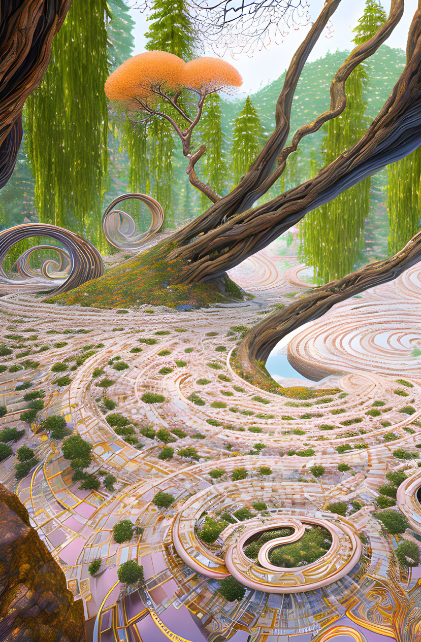Spiral-shaped trees in lush green forest landscape