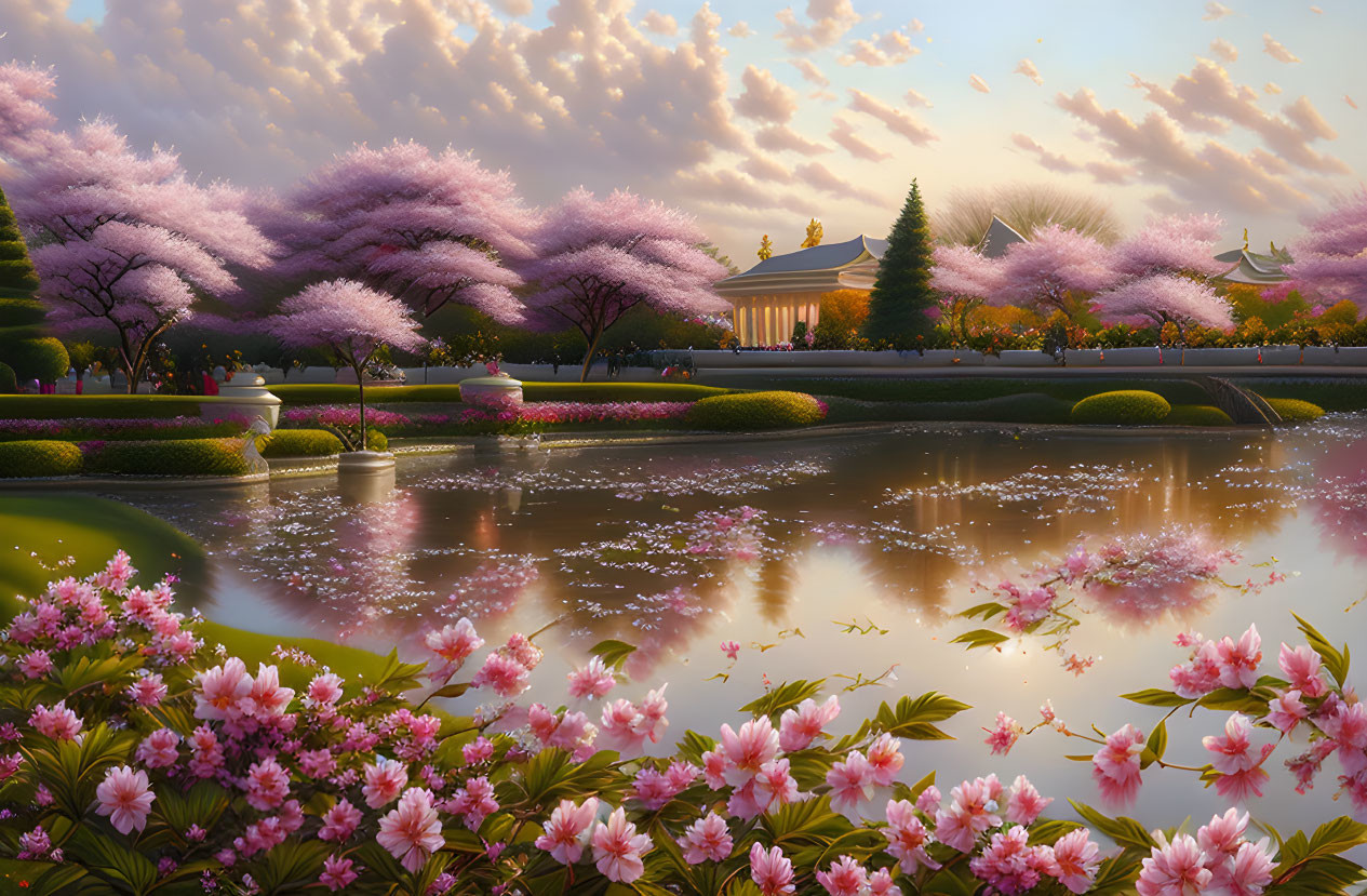 Tranquil pond with cherry blossoms and classical buildings in serene landscape