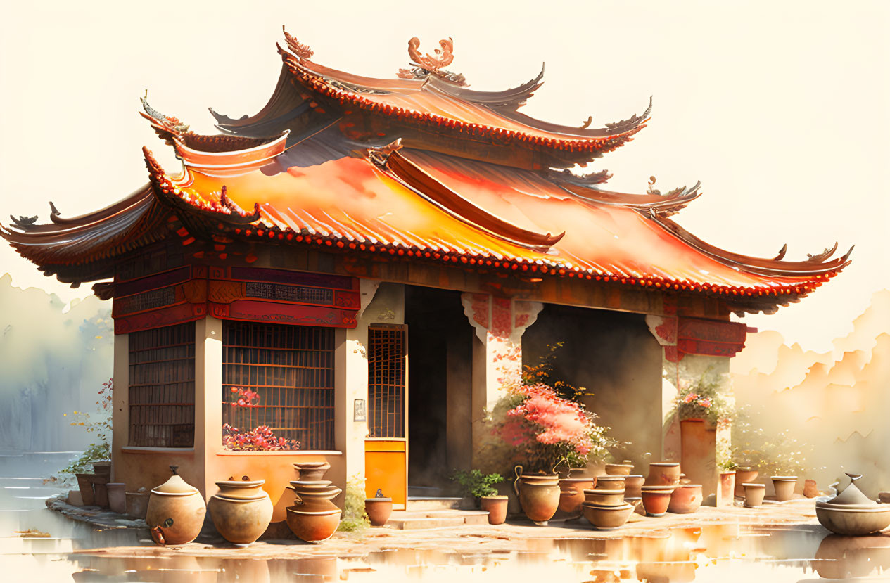 Ornate Asian Temple with Red Columns and Potted Plants in Misty Setting