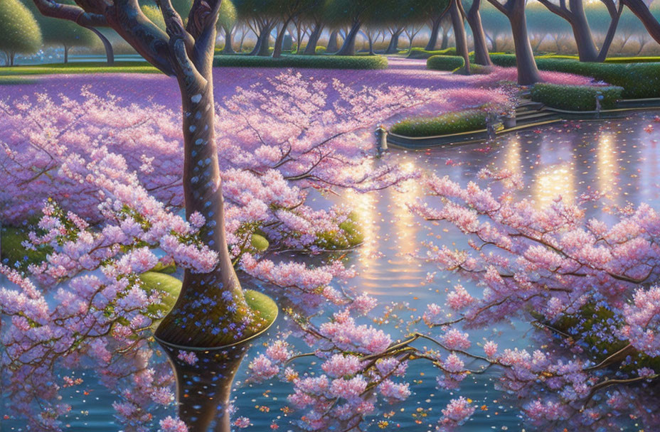 Tranquil pond with blooming cherry blossoms and trimmed hedges