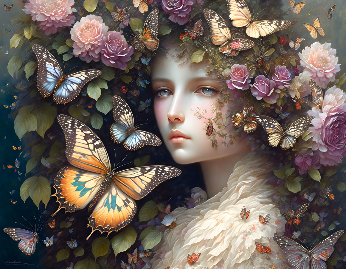 Fantasy portrait with flowers and butterflies for a dreamlike atmosphere