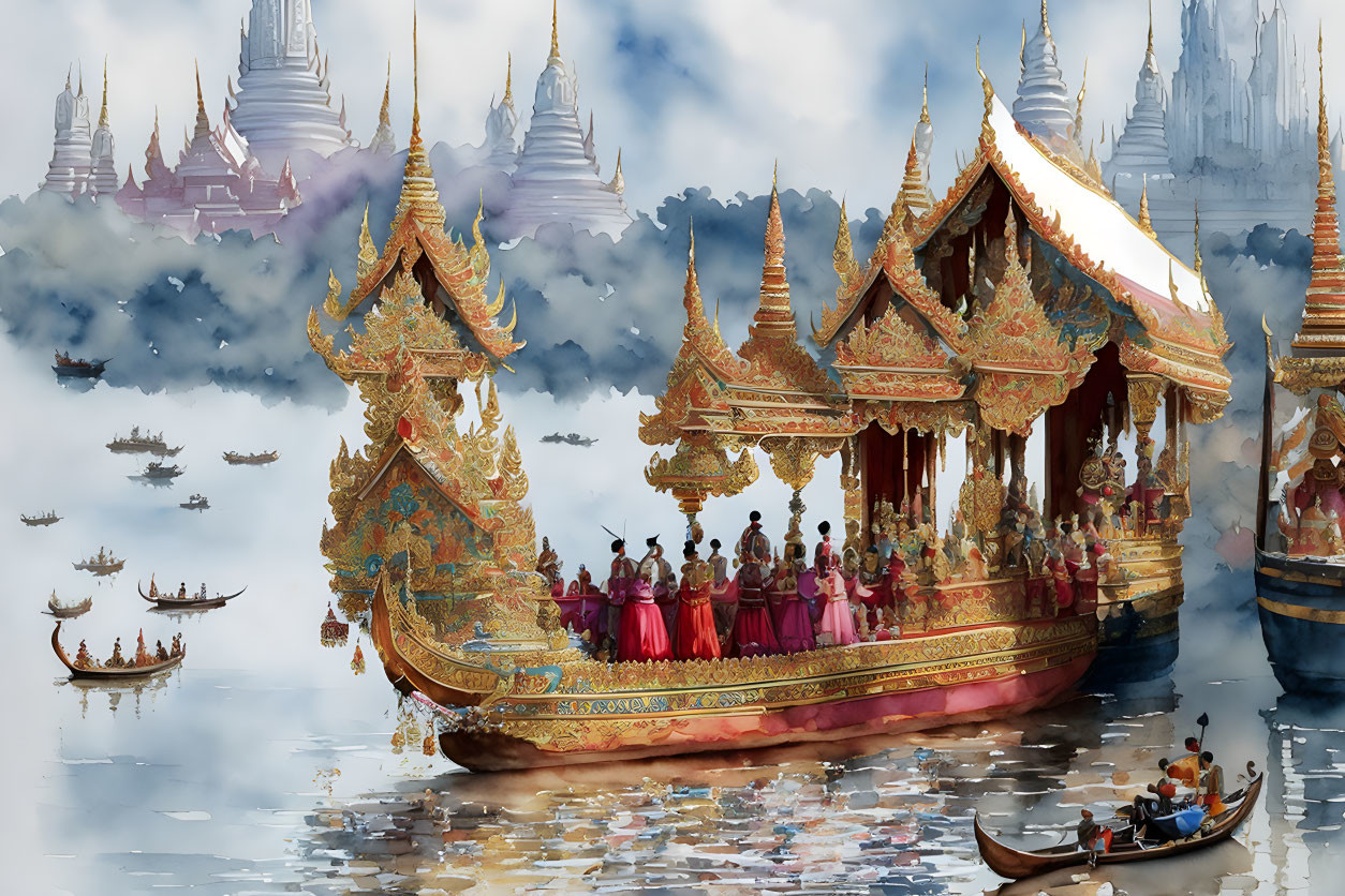 Traditional boat with people in ceremonial dress on misty waters with temples and smaller boats.