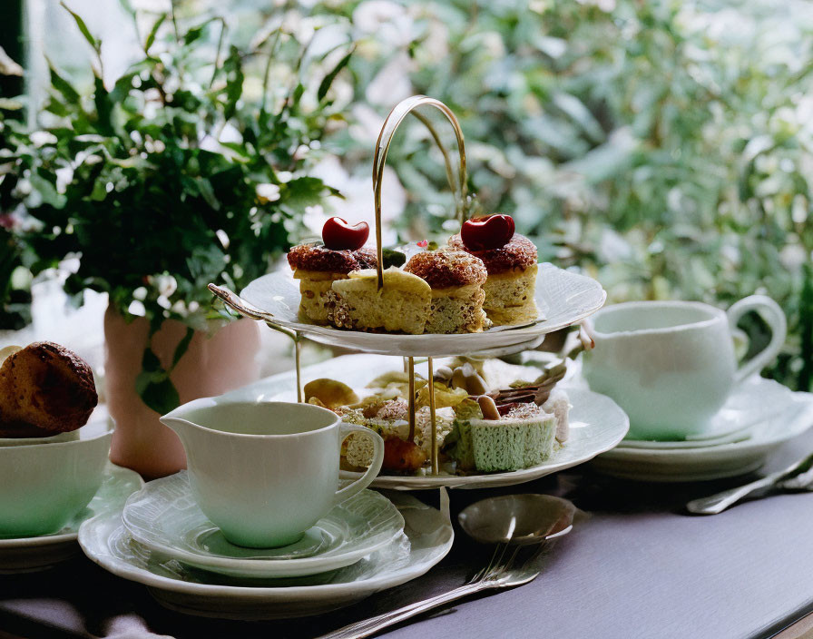 A table of afternoon tea in greenhouse