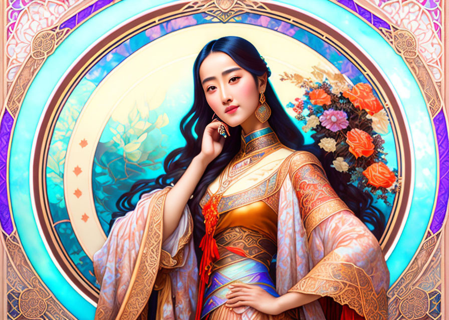 Illustrated Woman in Traditional Asian Attire with Intricate Patterns in Circular Floral Frame