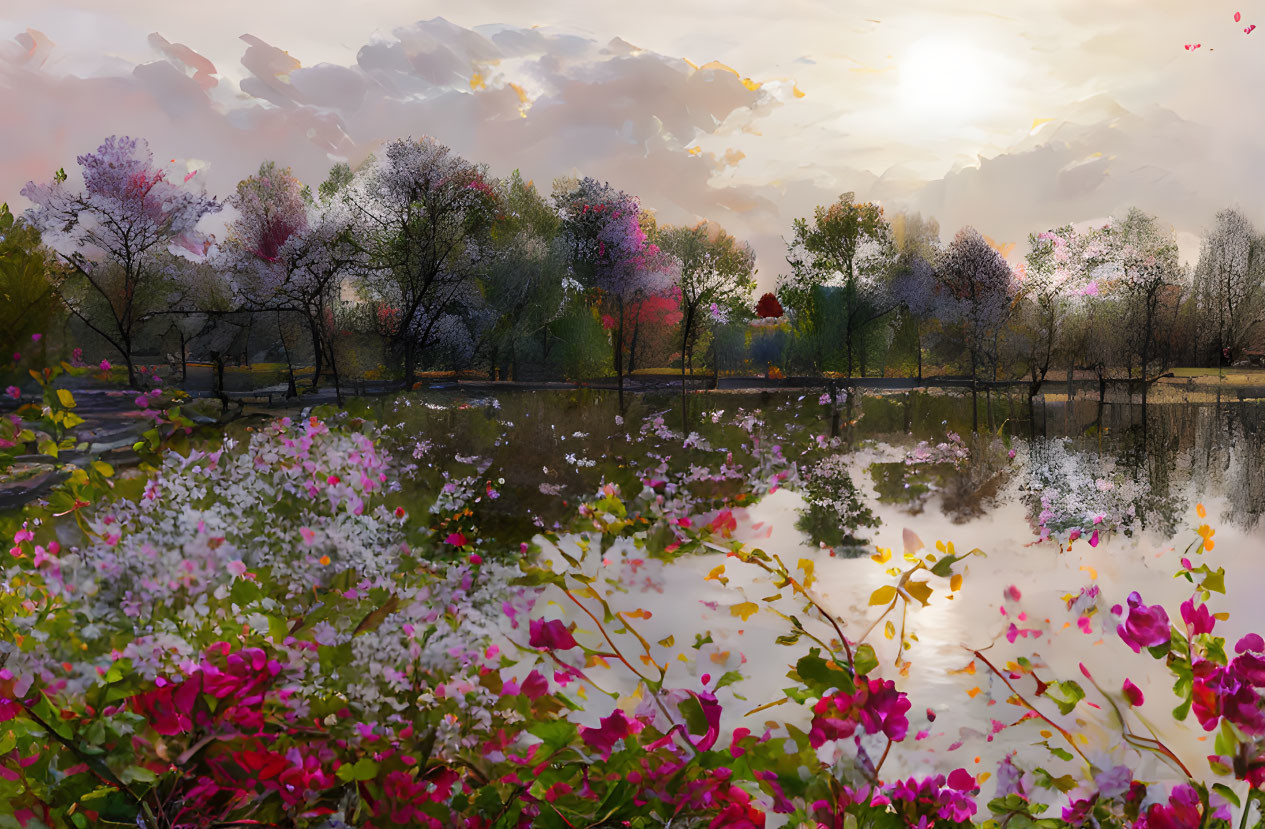 Tranquil lake at sunset with blooming trees and flowers