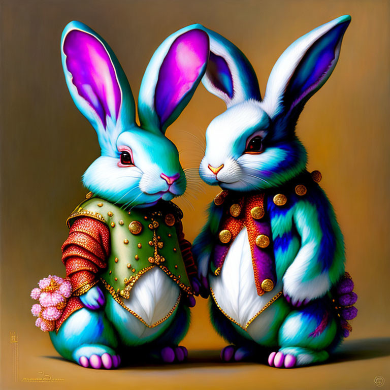 Anthropomorphic rabbits in regal attire on warm-toned background