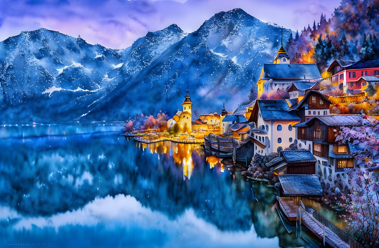 Colorful Village by Lake in Snowy Mountains at Twilight