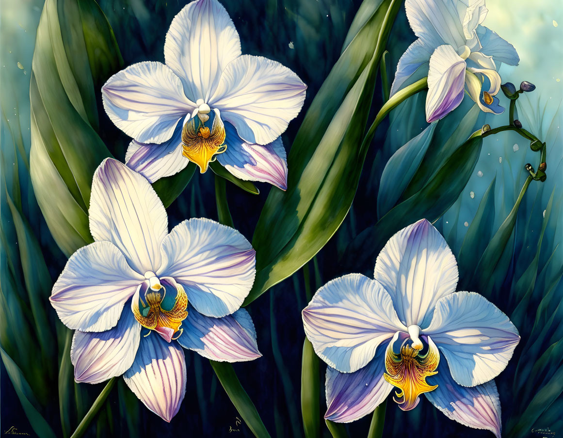 Detailed Blue and White Orchids Illustration with Golden Centers