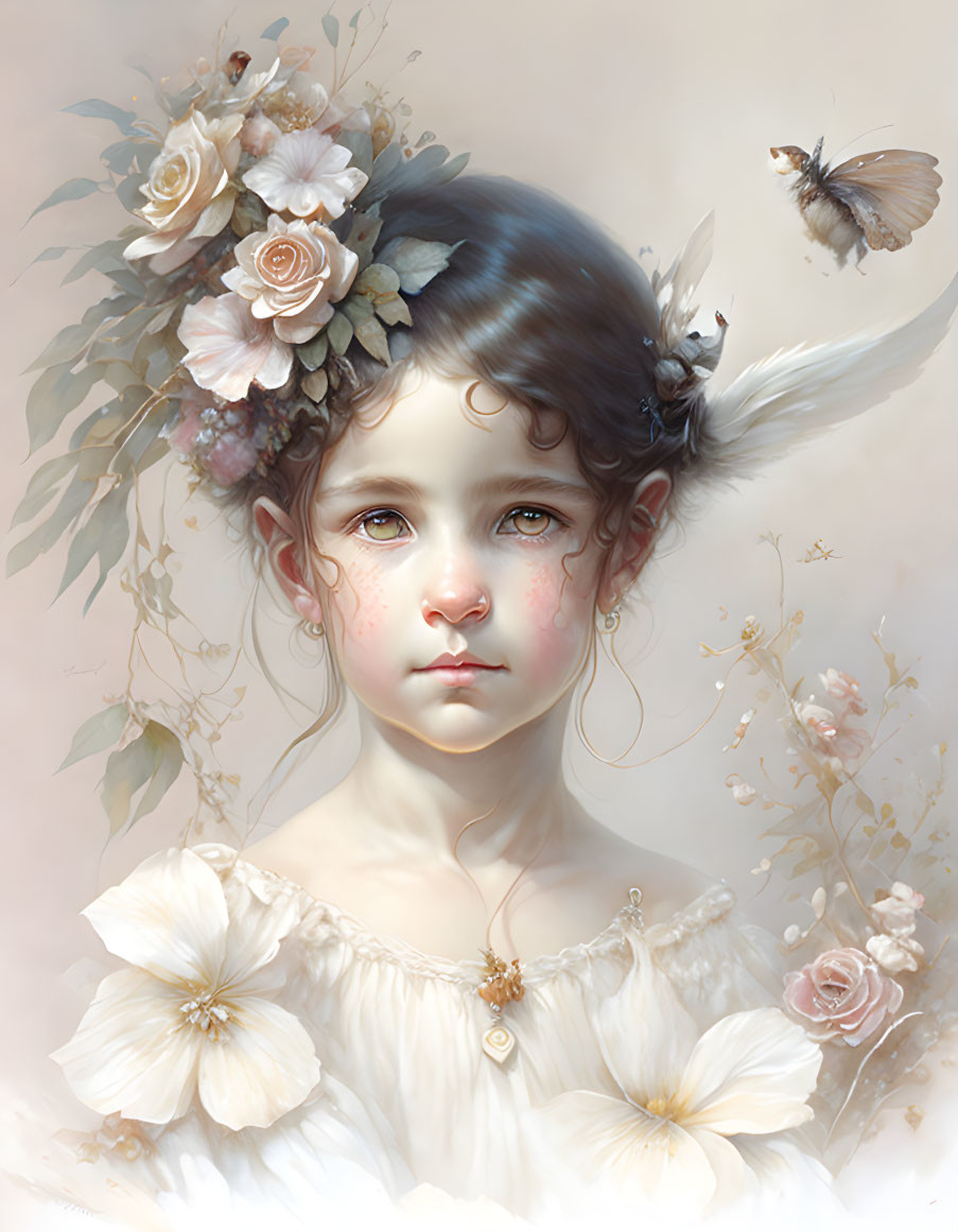 Portrait of young girl with floral and butterfly adornments in soft, dreamlike tones.