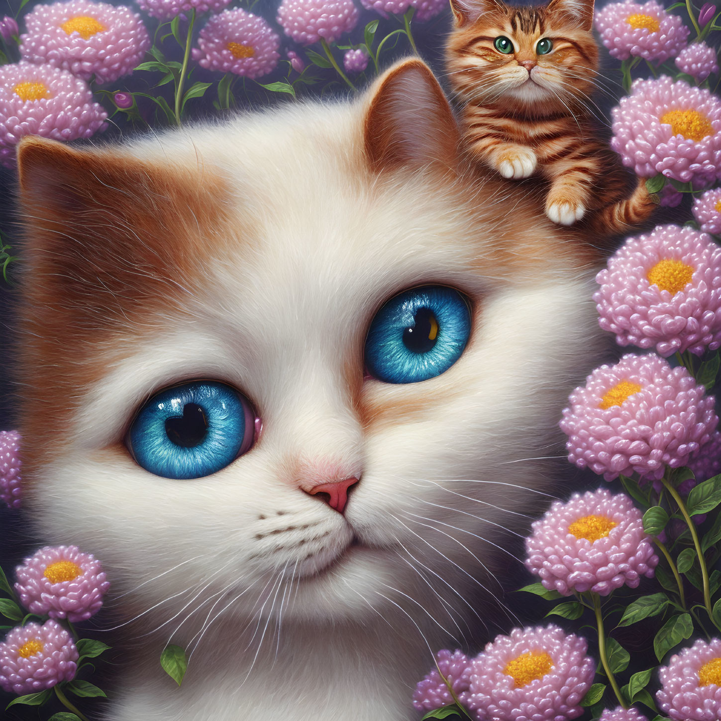 Detailed Illustration of Big-Eyed Cat and Tabby Kitten Among Pink Flowers