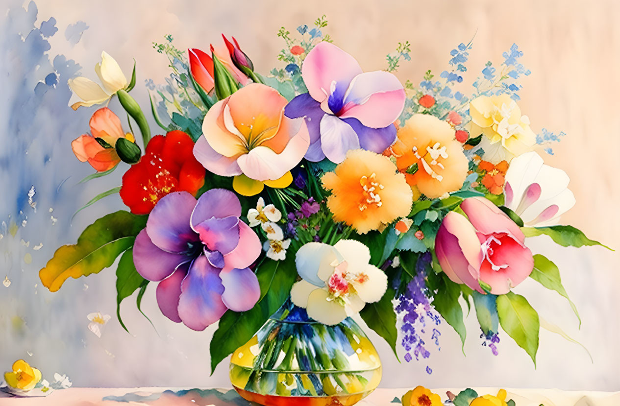Colorful Flower Bouquet Watercolor Painting in Yellow Vase