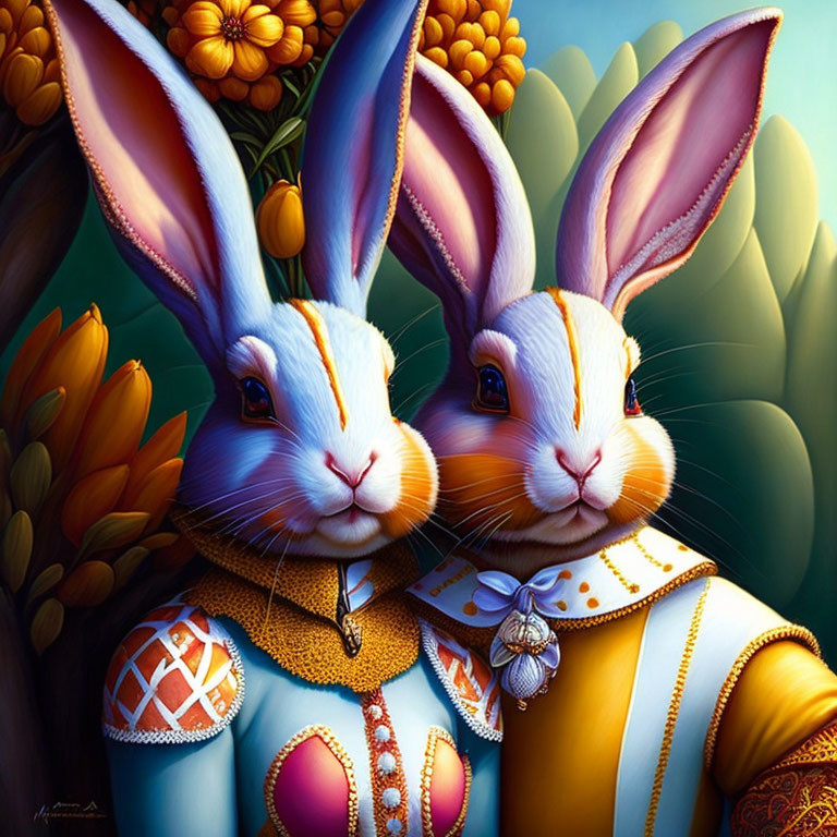 Colorful Anthropomorphic Rabbits in Renaissance-Inspired Attire with Flora and Eggs