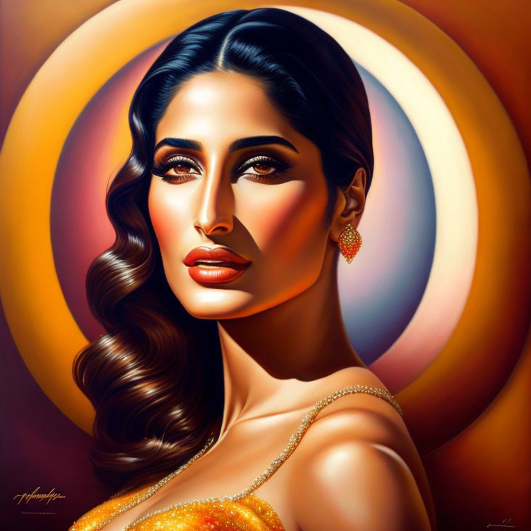 Illustrated portrait of a woman with stylized makeup and golden dress against warm-hued circles