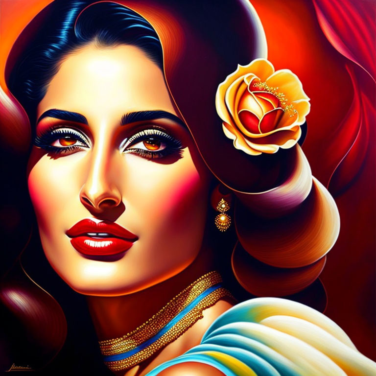 Colorful portrait of a woman with a rose in her hair, blending realism and surrealism