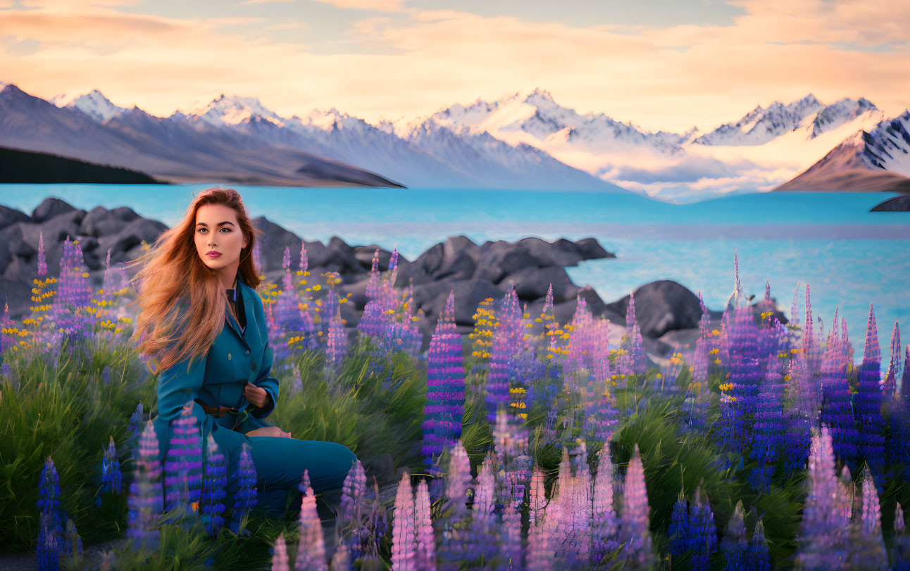 Woman in teal dress surrounded by purple lupines at turquoise lake with snow-capped mountains at sunset